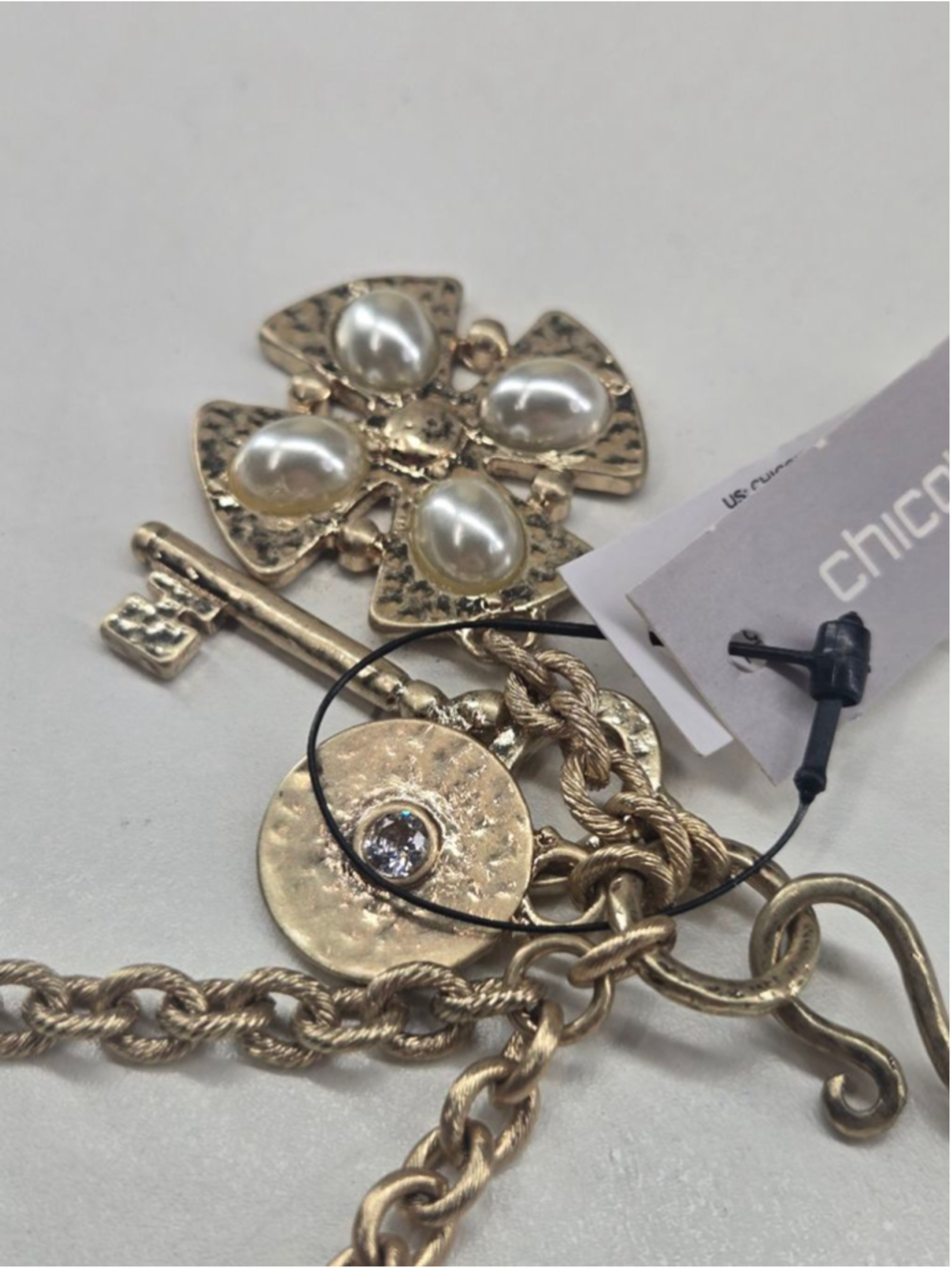 NWT Chico's Necklace Faux Pearl Double Strand White Goldtone Medallion Key Charm - Picture 7 of 13